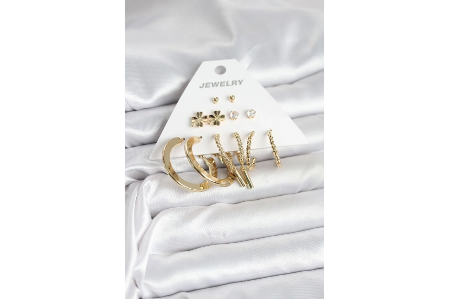 Shoecide Pirinç Gold Renk 6 Çift Kadın Küpe Seti
