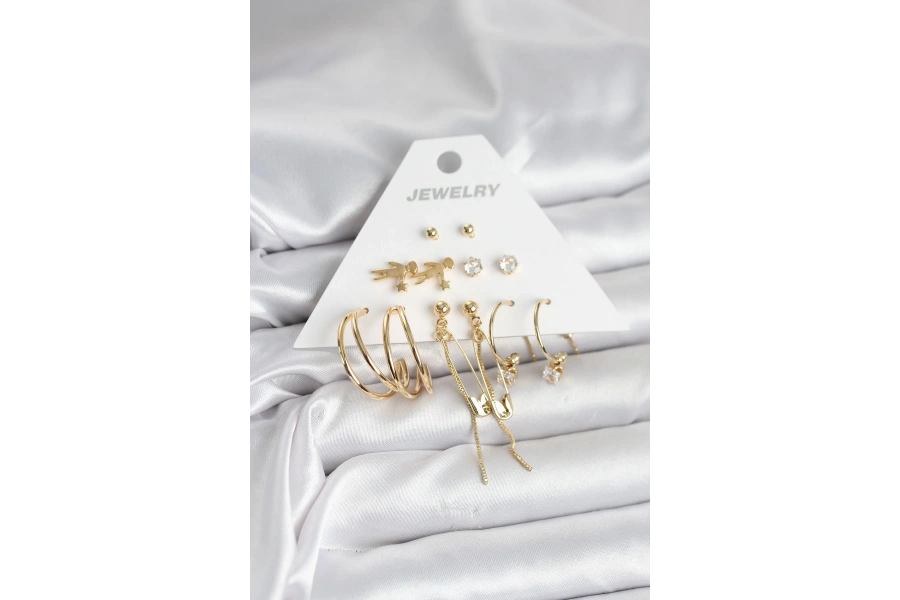 Shoecide Pirinç Gold Renk 6 Çiftli Kadın Küpe Seti