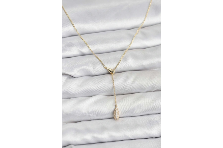 Shoecide Pirinç Gold Renk Asansörlü Damla Model Kadın Kolye