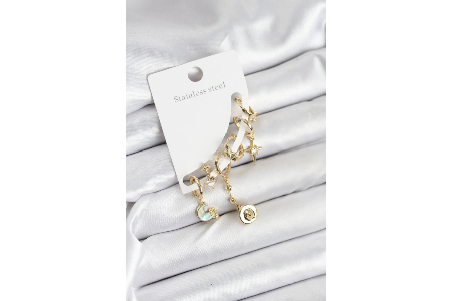 Shoecide Pirinç Gold Renk Ay Model Kadın Set Küpe