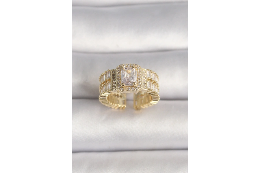 Shoecide Pirinç Gold Renk Ayarlanabilir Baget Zirkon Taş Model Kadın Yüzük