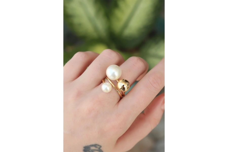 Shoecide Pirinç Gold Renk Ayarlanabilir İnci Taşlı Yüzük