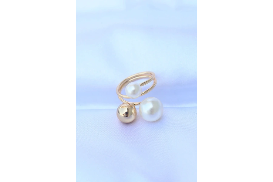 Shoecide Pirinç Gold Renk Ayarlanabilir İnci Taşlı Yüzük