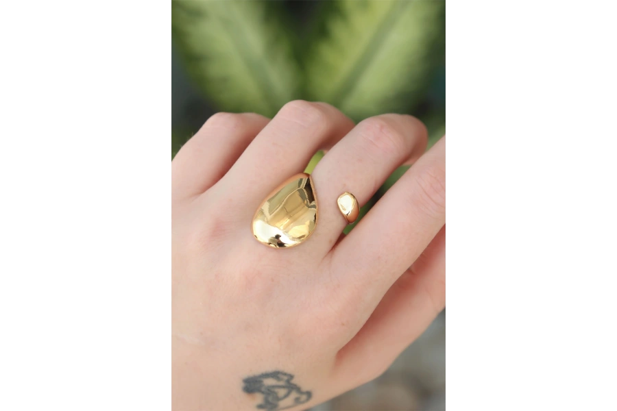 Shoecide Pirinç Gold Renk Ayarlanabilir İri Bombeli Yüzük