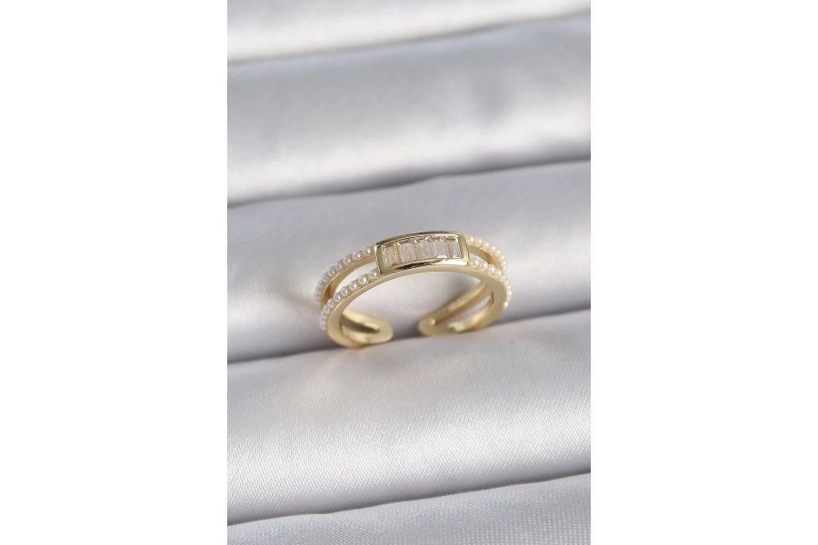 Shoecide Pirinç Gold Renk Ayarlanabilir Sıralı İncili Zirkon Taş Detaylı Kadın Yüzük