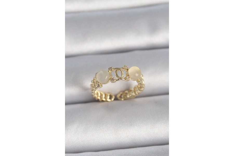 Shoecide Pirinç Gold Renk Ayarlanabilir Zirkon Taşlı Beyaz Mineli Birleşik Halka Model Kadın Yüzük