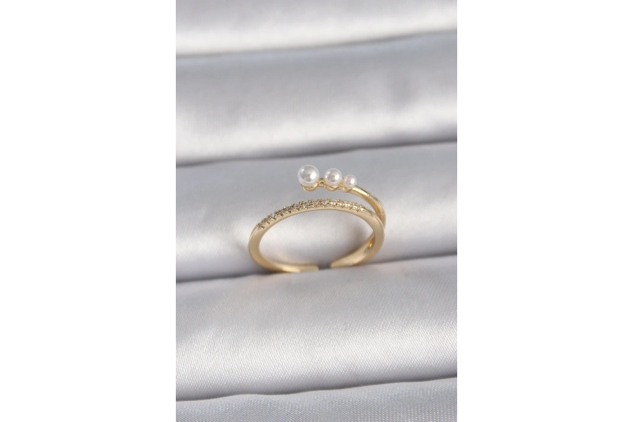 Shoecide Pirinç Gold Renk Ayarlanabilir Zirkon Taşlı İncili Model Kadın Yüzük