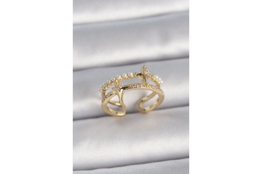 Shoecide Pirinç Gold Renk Ayarlanabilir Zirkon Taşlı İncili Yıldız Model Kadın Yüzük