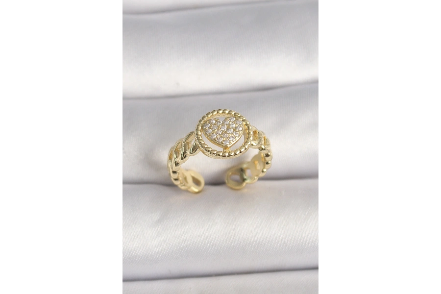 Shoecide Pirinç Gold Renk Ayarlanabilir Zirkon Taşlı Kalp Model Kadın Yüzük