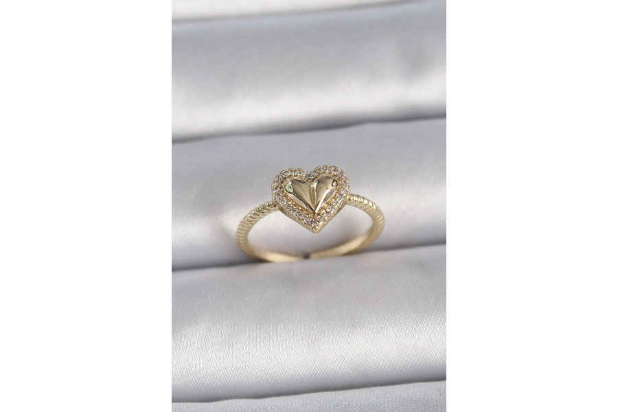 Shoecide Pirinç Gold Renk Ayarlanabilir Zirkon Taşlı Kalp Model Kadın Yüzük