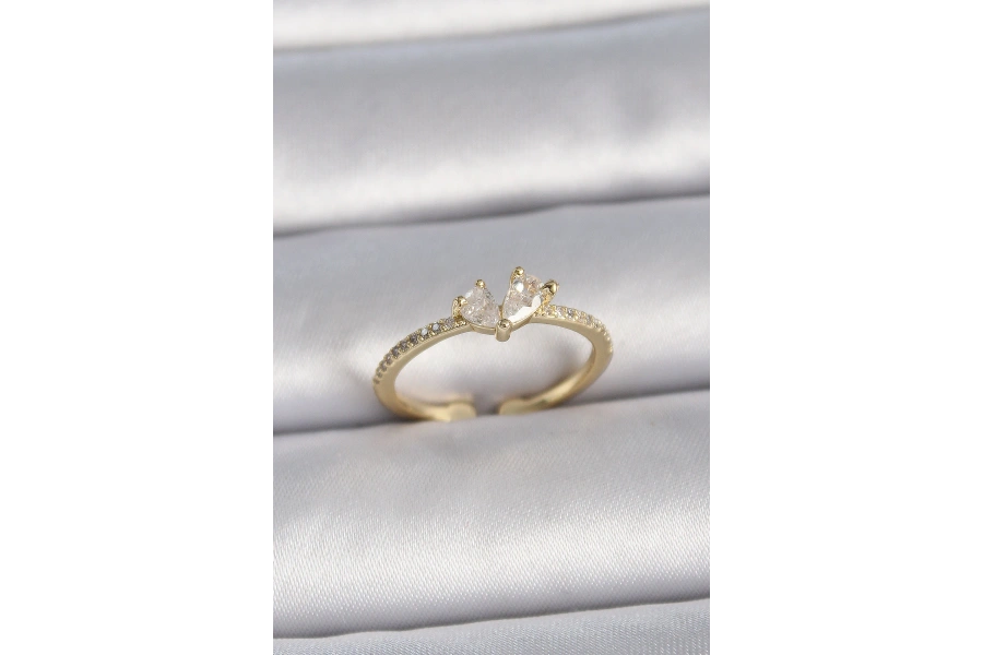 Shoecide Pirinç Gold Renk Ayarlanabilir Zirkon Taşlı Kalp Model Kadın Yüzük