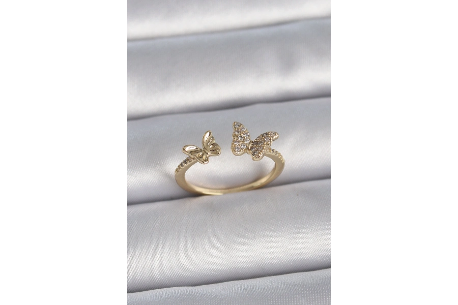 Shoecide Pirinç Gold Renk Ayarlanabilir Zirkon Taşlı Kelebek Model Kadın Yüzük