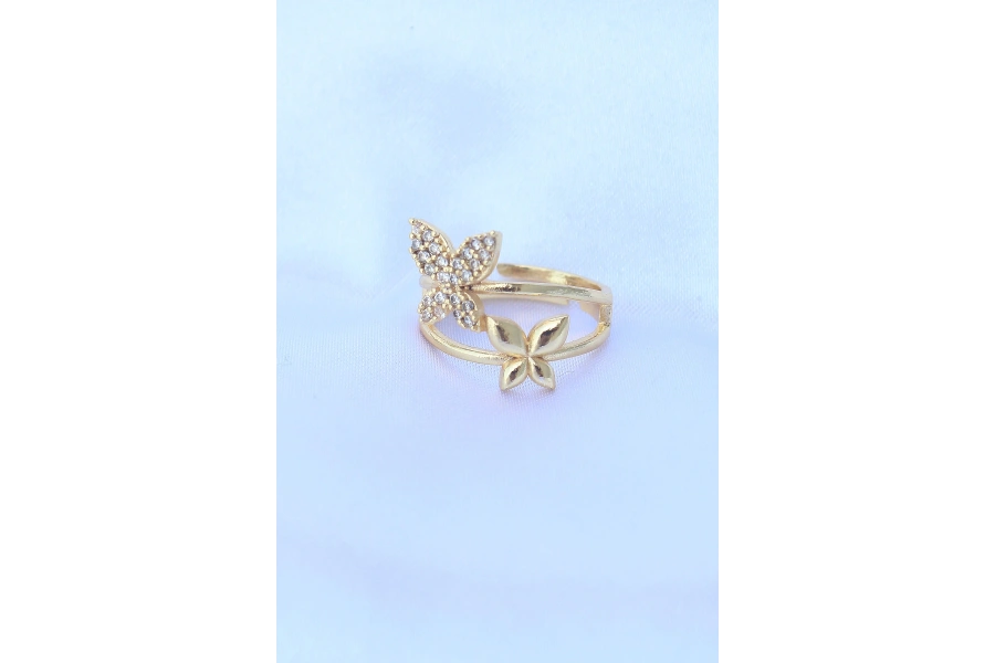 Shoecide Pirinç Gold Renk Ayarlanabilir Zirkon Taşlı Kelebek Yüzük