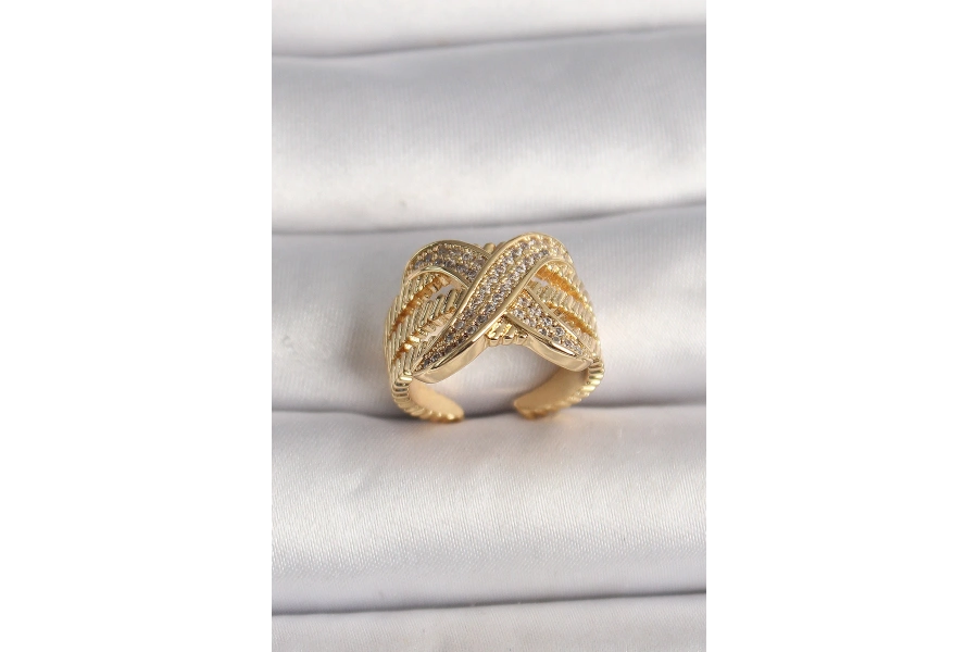 Shoecide Pirinç Gold Renk Ayarlanabilir Zirkon Taşlı X Model Kadın Yüzük