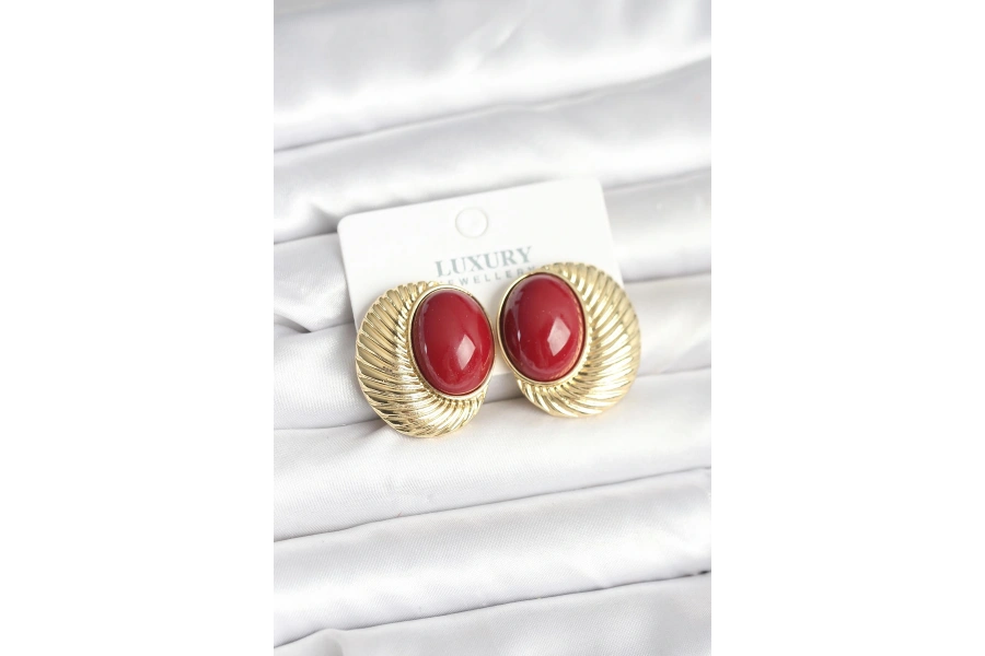 Shoecide Pirinç Gold Renk Bordo Boncuklu Oval Vintage Kadın Küpe