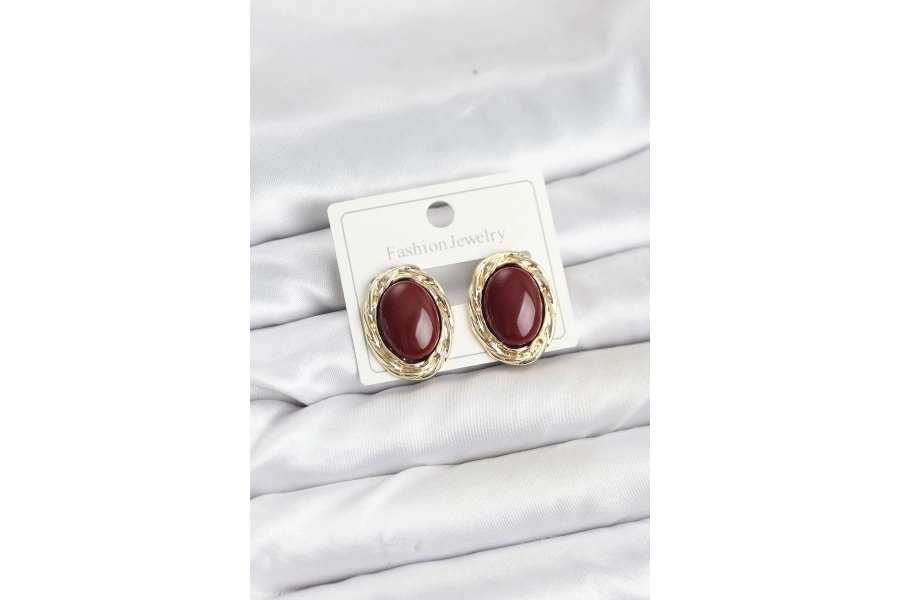 Shoecide Pirinç Gold Renk Bordo Model Vintage Kadın Küpe