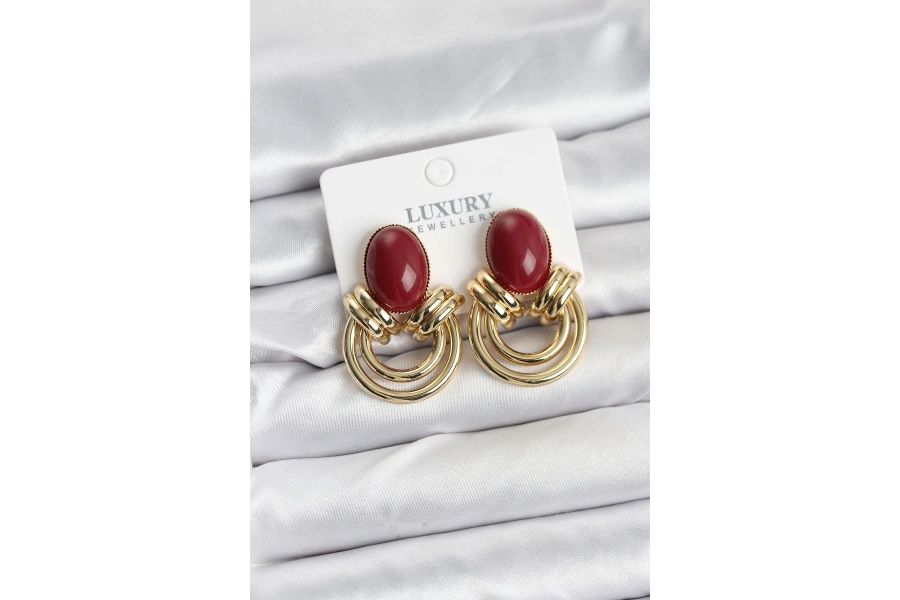 Shoecide Pirinç Gold Renk Bordo Taşlı Vintage Kadın Küpe