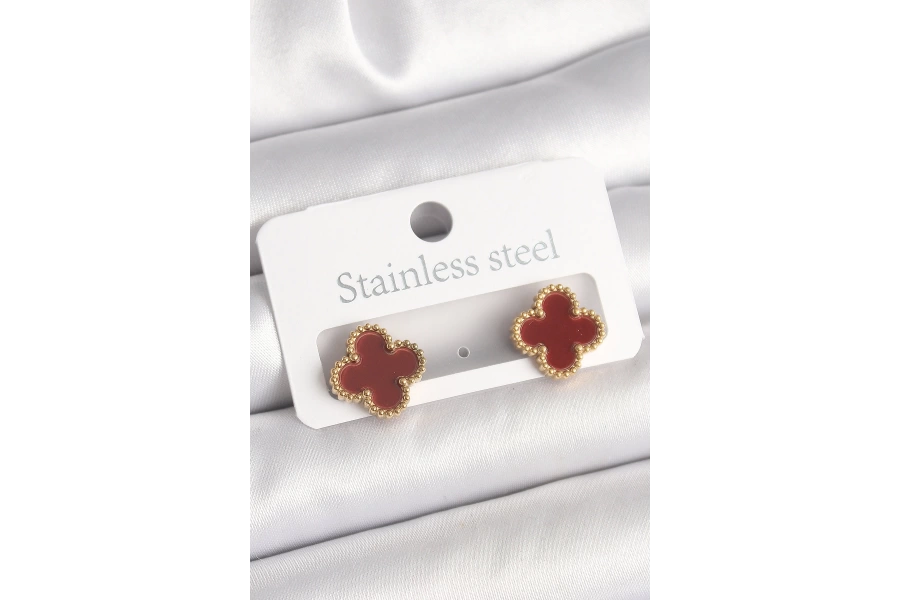 Shoecide Pirinç Gold Renk Bordo Yonca Model Kadın Küpe