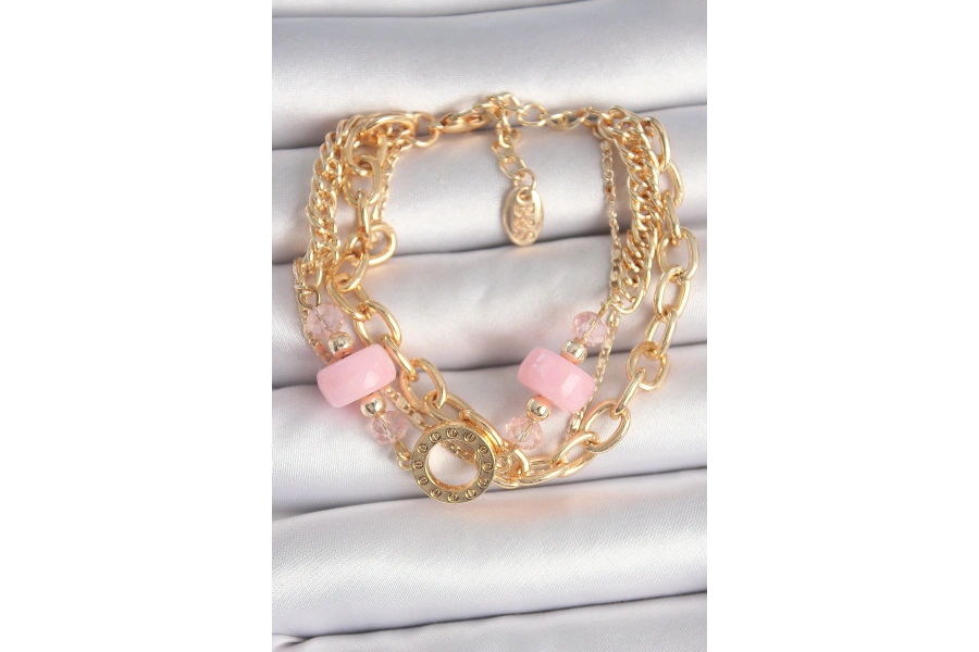 Shoecide Pirinç Gold Renk Çoklu Pembe Taşlı Kadın Bileklik