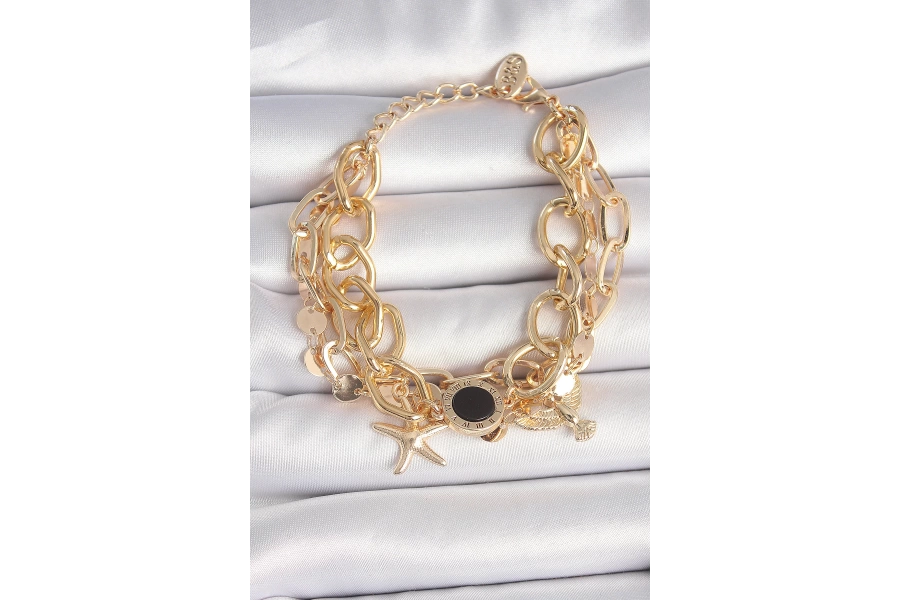 Shoecide Pirinç Gold Renk Çoklu Zincir Model Deniz Yıldız Figür Kadın Bileklik