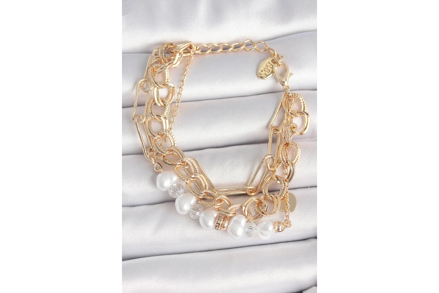Shoecide Pirinç Gold Renk Çoklu Zincir Model İncilli Zirkon Taş Detay Kadın Bileklik
