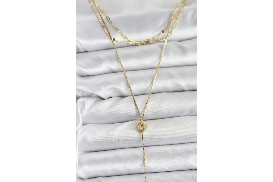 Shoecide Pirinç Gold Renk Düğüm Model Detaylı 3lü Kombin Y Kadın Kolye