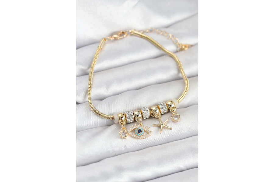 Shoecide Pirinç Gold Renk Göz Model Charmlı Kadın Bileklik