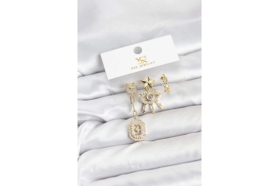 Shoecide Pirinç Gold Renk Göz Ve Kutup Yıldızı Model Ysx Trio Küpe Seti