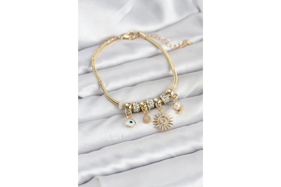 Shoecide Pirinç Gold Renk Güneş Charmlı Kadın Bileklik