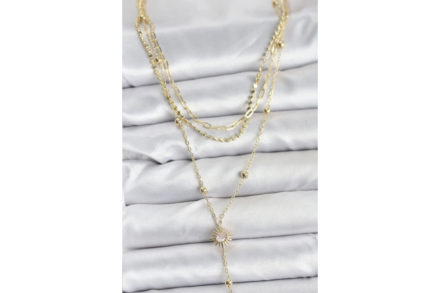 Shoecide Pirinç Gold Renk Güneş Model Detaylı 3lü Kombin Y Kadın Kolye