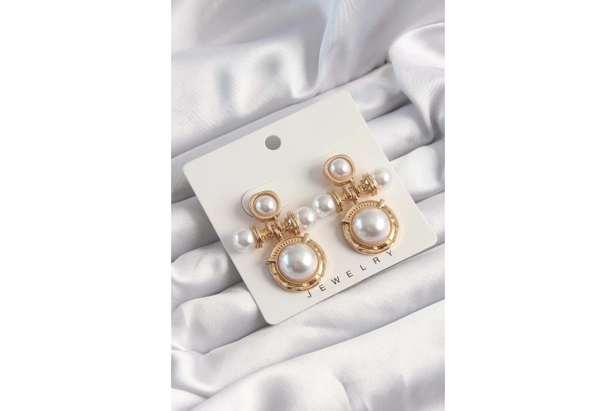 Shoecide Pirinç Gold Renk İnci Taşlı Motifli Küpe