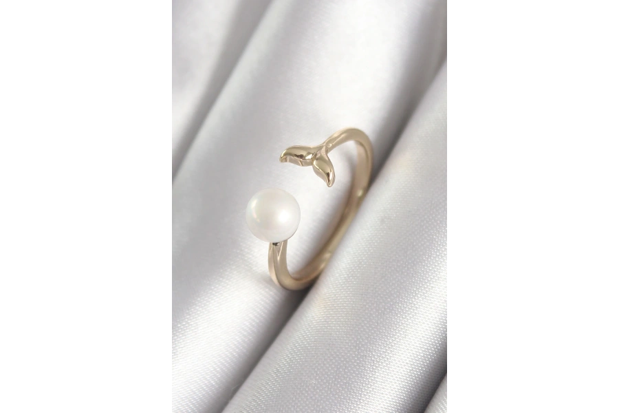 Shoecide Pirinç Gold Renk İnci Top Figür Balık Kuyruğu Model Kadın Yüzük