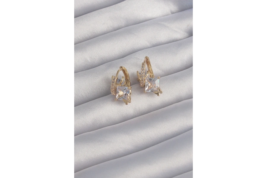 Shoecide Pirinç Gold Renk İri Zirkon Taşlı Kıvrımlı Minimal Kelebekli Halka Küpe