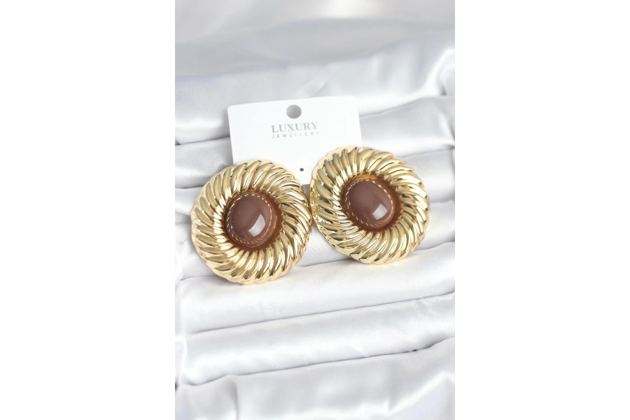 Shoecide Pirinç Gold Renk Kahverengi Boncuklu Vintage Kadın Küpe