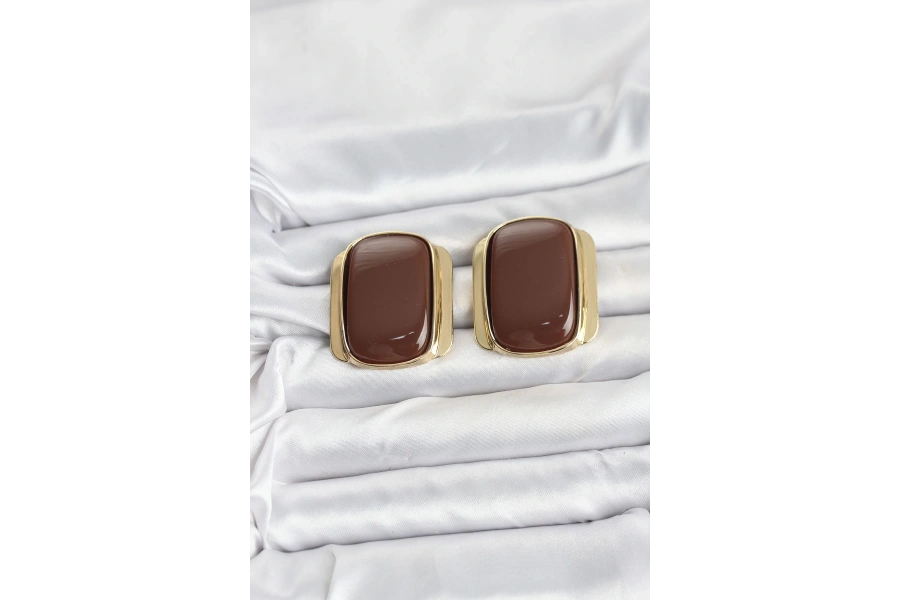 Shoecide Pirinç Gold Renk Kahverengi Plaka Vintage Kadın Küpe