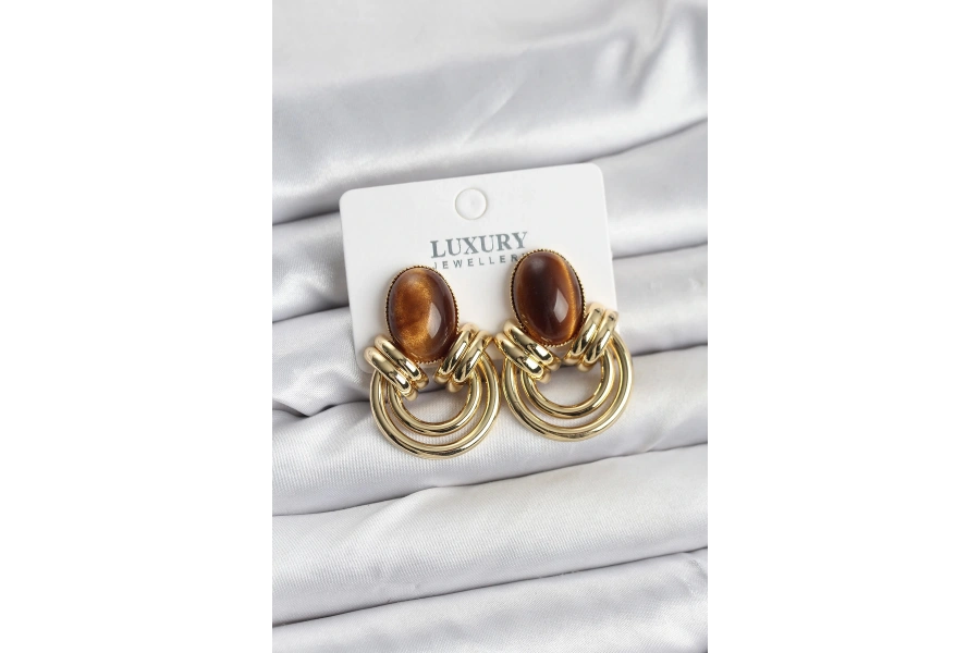 Shoecide Pirinç Gold Renk Kahverengi Taşlı Vintage Kadın Küpe