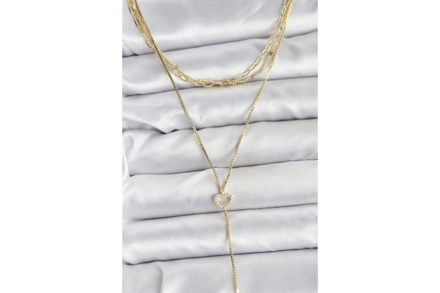 Shoecide Pirinç Gold Renk Kalp Detaylı 3lü Kombin Y Kadın Kolye