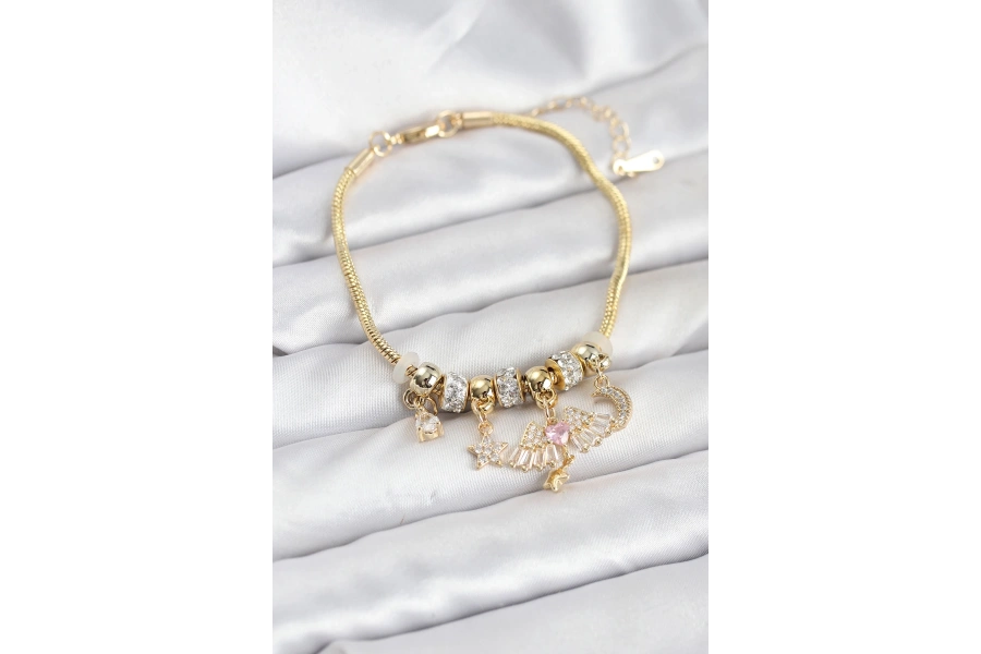 Shoecide Pirinç Gold Renk Kanatlı Charmlı Kadın Bileklik