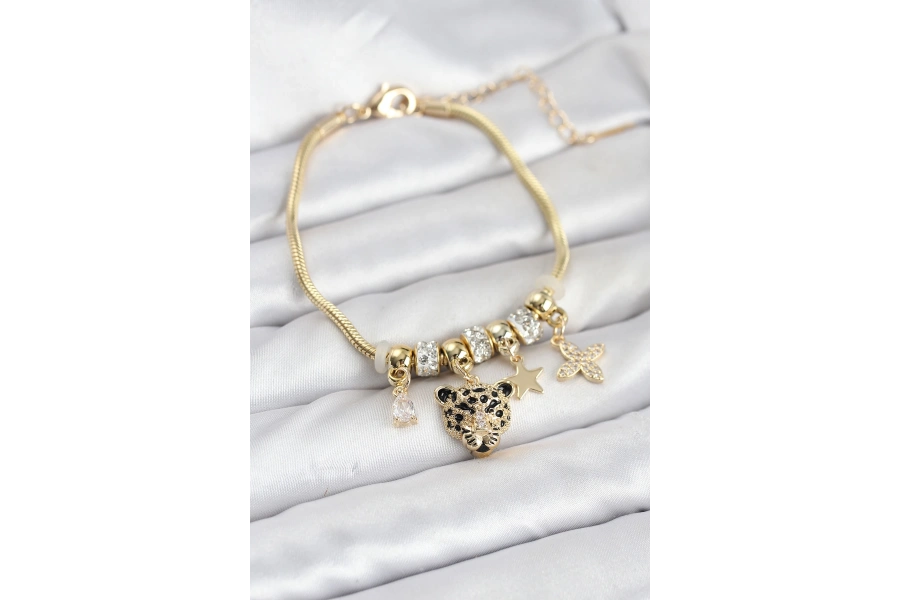 Shoecide Pirinç Gold Renk Kaplan Model Charmlı Kadın Bileklik