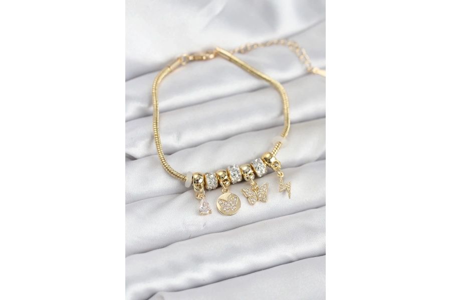 Shoecide Pirinç Gold Renk Kelebek Charmlı Kadın Bileklik