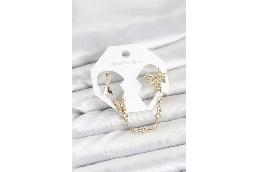 Shoecide Pirinç Gold Renk Kelebek Model Zincir Bağlantılı Ear Cuff Küpe Seti