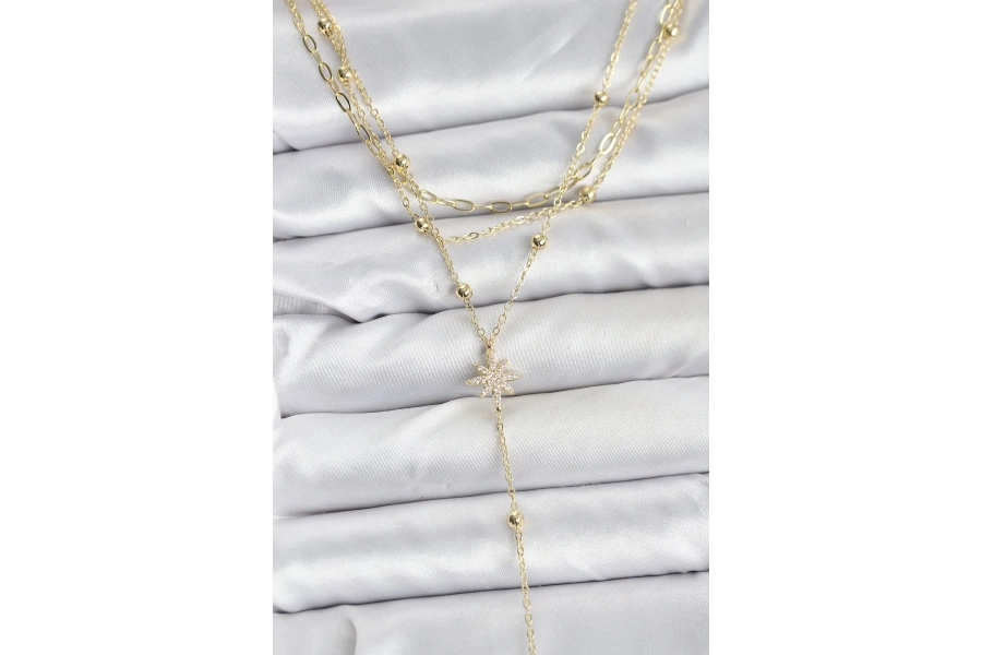 Shoecide Pirinç Gold Renk Kutup Yıldızı Detaylı 3lü Kombin Kadın Kolye