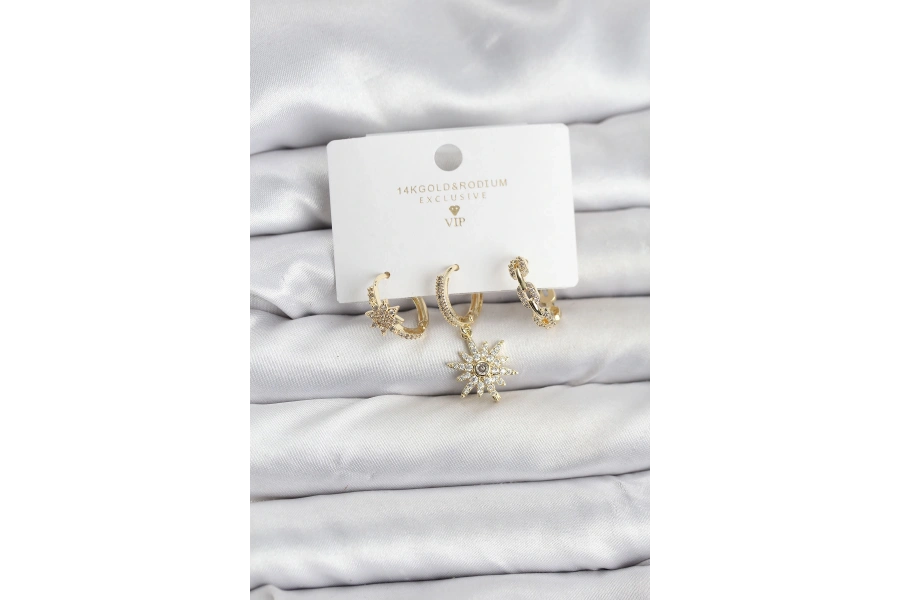 Shoecide Pirinç Gold Renk Kutup Yıldızı Model 3lü Kadın Küpe Seti