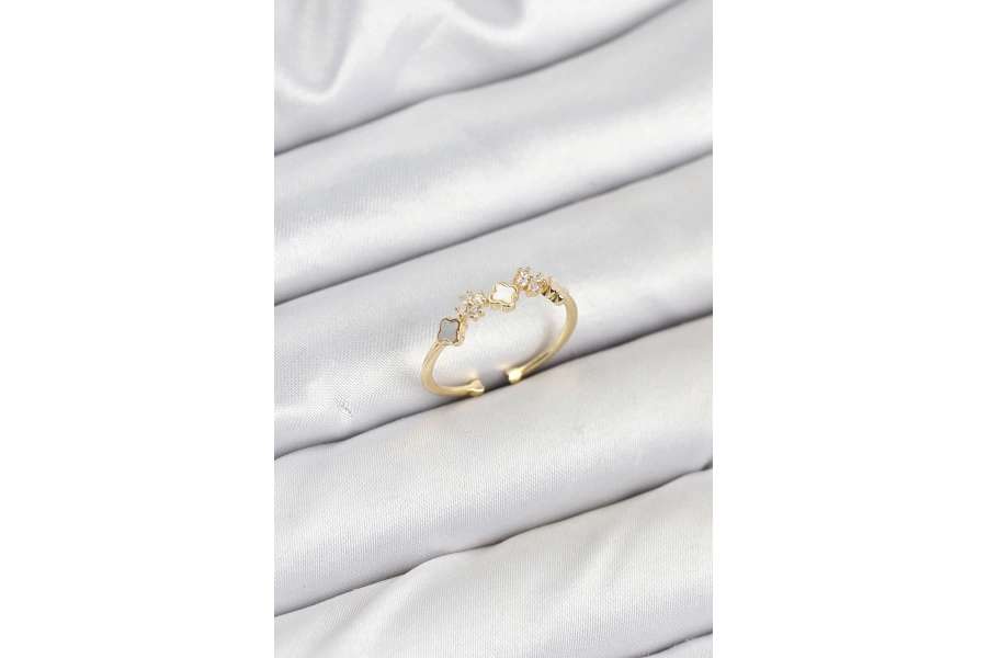 Shoecide Pirinç Gold Renk Minimal Yonca Detaylı Kadın Yüzük