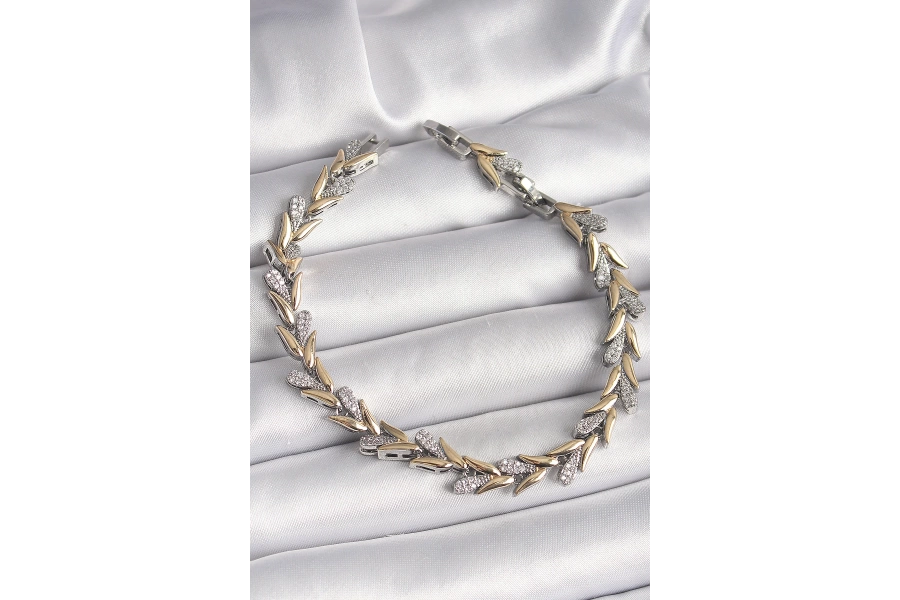 Shoecide Pirinç Gold Renk Mix Renk Zirkon Taşlı Yaprak Model Vıp Seri Kadın Bileklik
