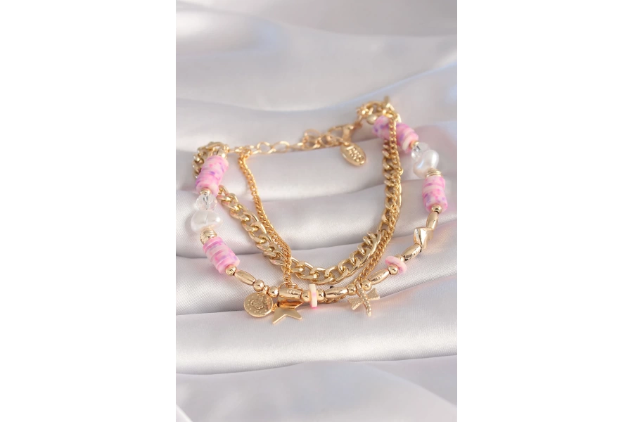 Shoecide Pirinç Gold Renk Pembe Boncuklu Yıldız Figür Çoklu Kadın Bileklik