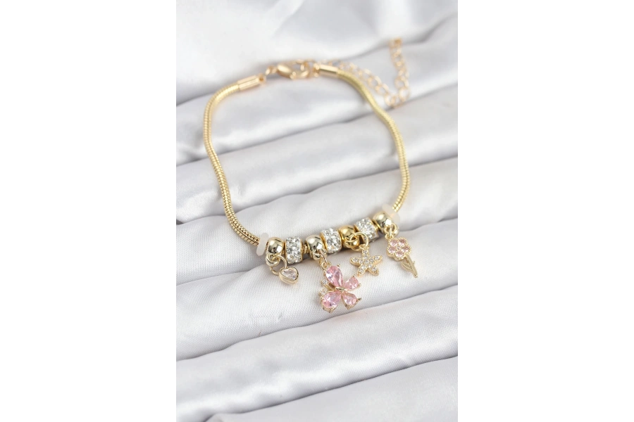 Shoecide Pirinç Gold Renk Pembe Kelebek Charmlı Kadın Bileklik