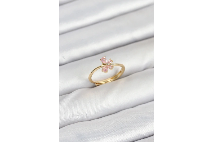 Shoecide Pirinç Gold Renk Pembe Kelebek Kadın Yüzük