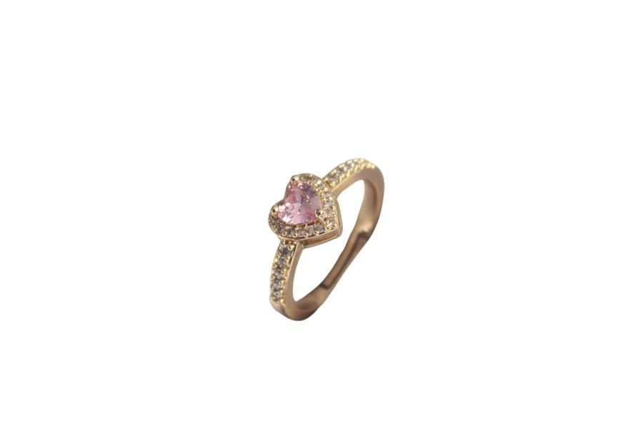 Shoecide Pirinç Gold Renk Pembe Zirkon Taş Kalp Charm Model Kadın Yüzük