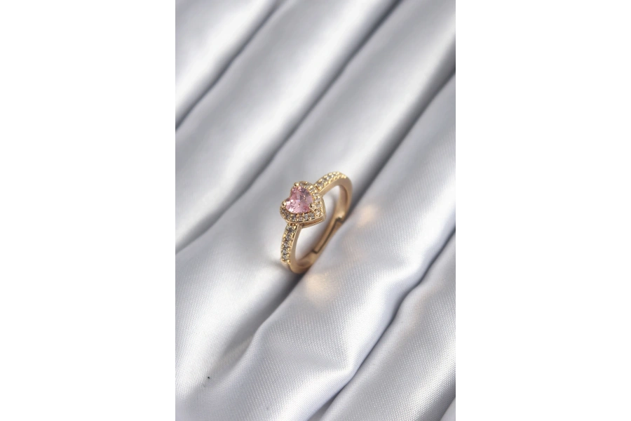Shoecide Pirinç Gold Renk Pembe Zirkon Taş Kalp Charm Model Kadın Yüzük